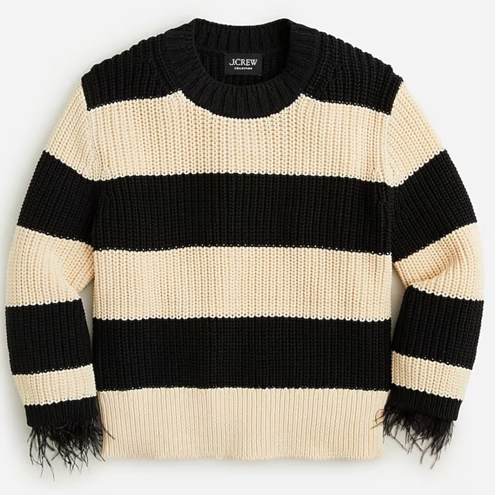 J Crew Collection Striped Feather-Trim Crewneck Sweater 🪶